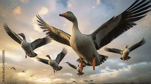 a group of geese flying in nature looking at the camera created with Generative Ai © Andrii Yablonskyi