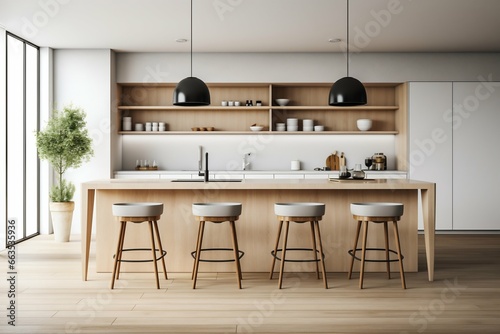 Scandinavian Minimalist Kitchen with Island and Dining Space. Generative ai