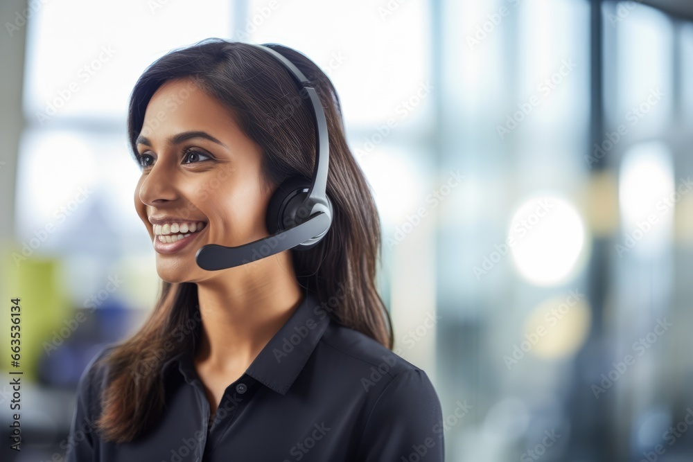 Businesswoman in Phone Headset Call Center Businesswoman in Phone Headset Call Center