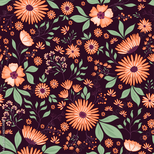 Night garden of beautiful orange flowers pattern