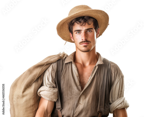 young handsome guy farmer or rural worker with burlap sack isolated on transparent background