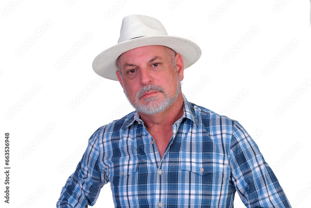 man wearing panama style straw hat with black ribbon isolated on white background, straw hat for woman and man head protection man wearing panama style straw hat with black ribbon isolated on white background, straw hat for woman and man head protection