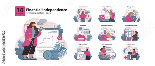 Financial independence, FIRE concept set. Money savings and investment