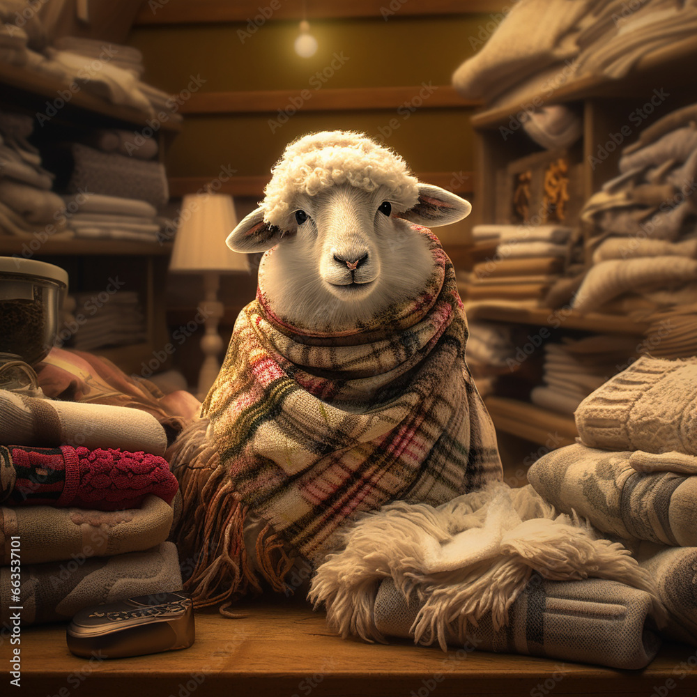 a sheep sits in a comfortable room in a blanket created with Generative Ai