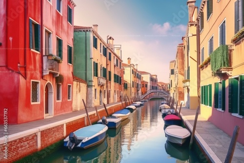 Charming cityscape of Venice with water canal and colorful houses. Breathtaking morning scene in Italy, Europe. Travel concept background. Generative AI