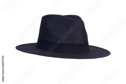 Panama hat style straw hat with black ribbon isolated on white background, straw hat for woman and man head protection