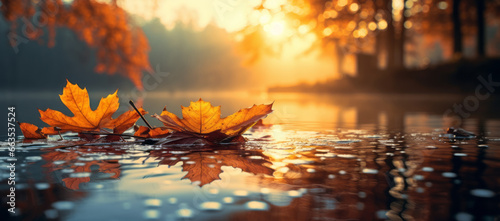 Fall season landscape, fallen leaves floating on water and autumnal sun through tree foliage - Autumn seasonal background photo