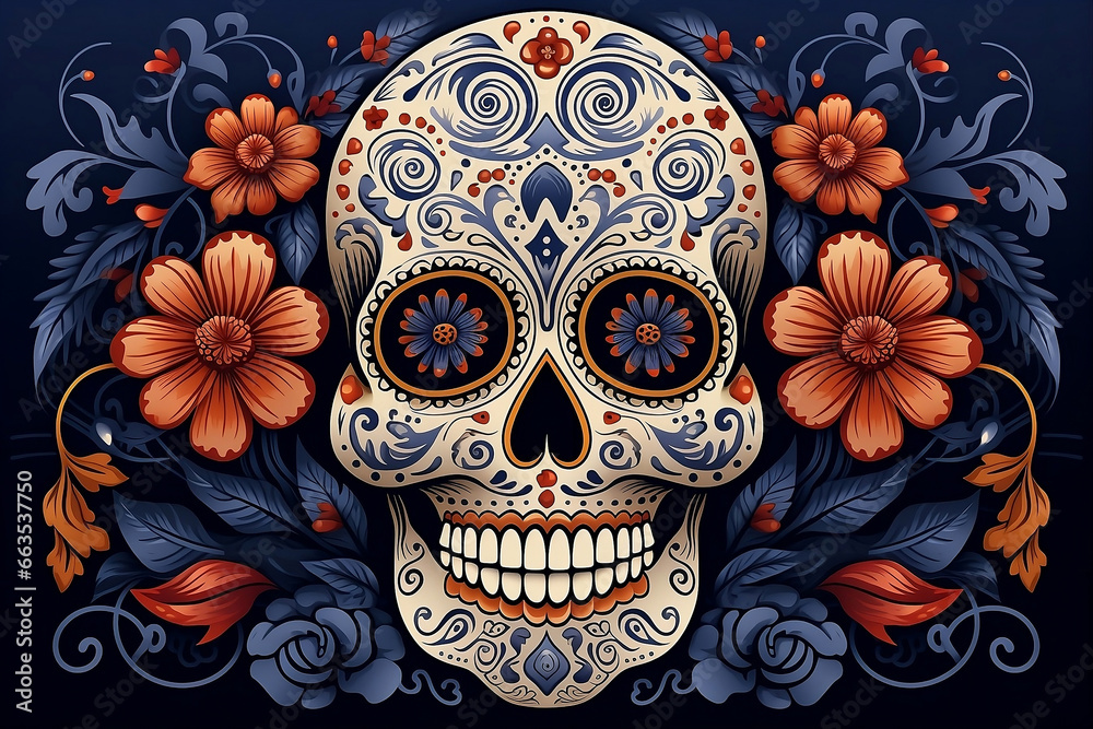 Skull mask with flower decorations for Mexican Day of Death on blue background.