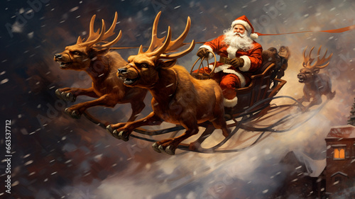 Santa Claus with flying reindeer