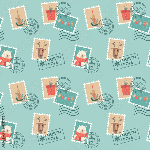 Christmas seamless pattern. Santa mail. X-mas seals, postage stamps with reindeer, polar bear, candles, gift box, garland. Holiday vector background for wrapping paper, cards, textile