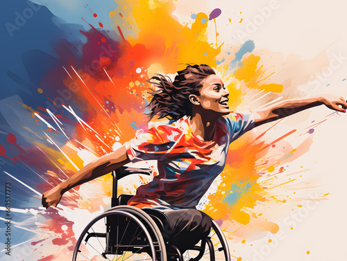 Silhouette of a disabled woman in a wheelchair practicing sports. Colored illustration of a person in a wheelchair. Paralympic games paris 2024. Generative AI