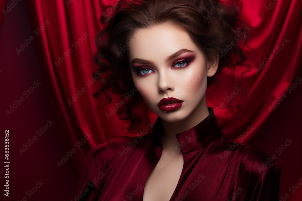 Generative AI portrait picture of beautiful glamorous luxury make up fashion model girl over red maroon background Generative AI portrait picture of beautiful glamorous luxury make up fashion model girl over red maroon background