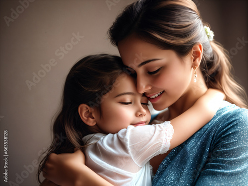 Little girl hugs her mother.