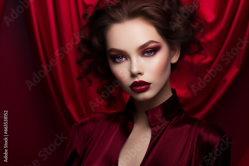 Generative AI portrait picture of beautiful glamorous luxury make up fashion model girl over red maroon background © deagreez