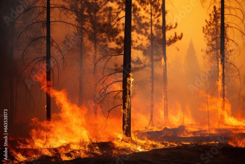 Wind blowing on a flaming trees during a forest fire photo