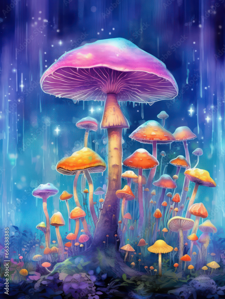 Cartoon Magic Mushrooms, Watercolor Painting, Generative AI