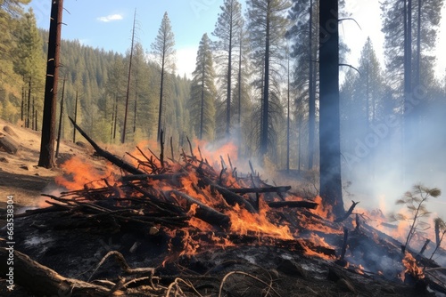Wildfire burns downed tree in forest