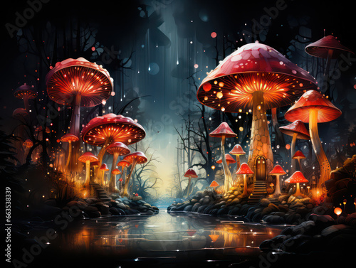 Cartoon Magic Mushrooms, Watercolor Painting, Generative AI © Vig