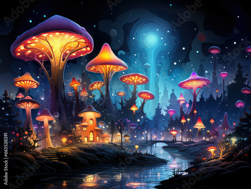 Cartoon Magic Mushrooms, Watercolor Painting, Generative AI