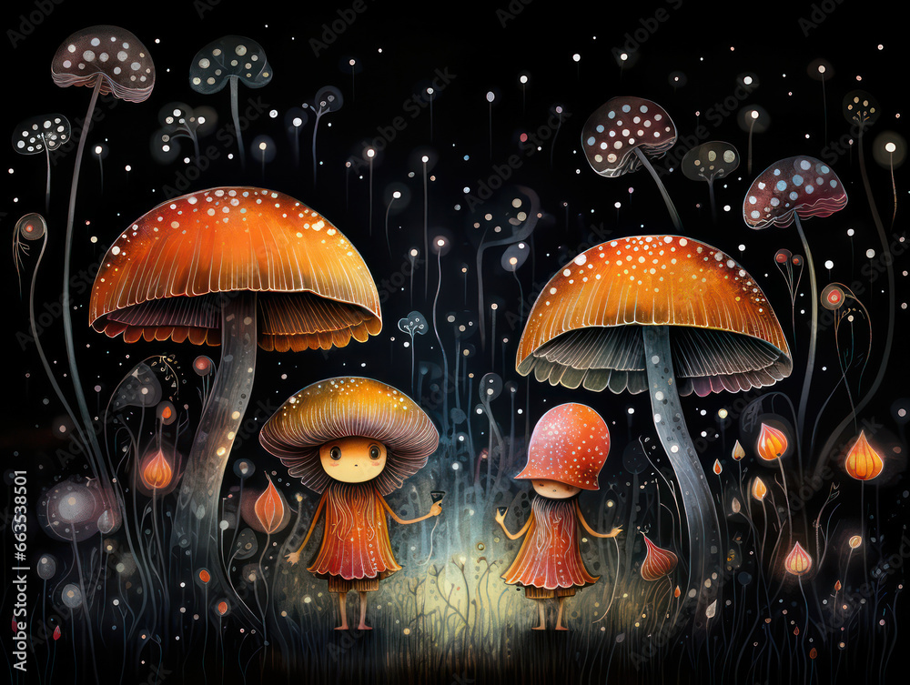 Cartoon Magic Mushrooms, Watercolor Painting, Generative AI Cartoon Magic Mushrooms, Watercolor Painting, Generative AI