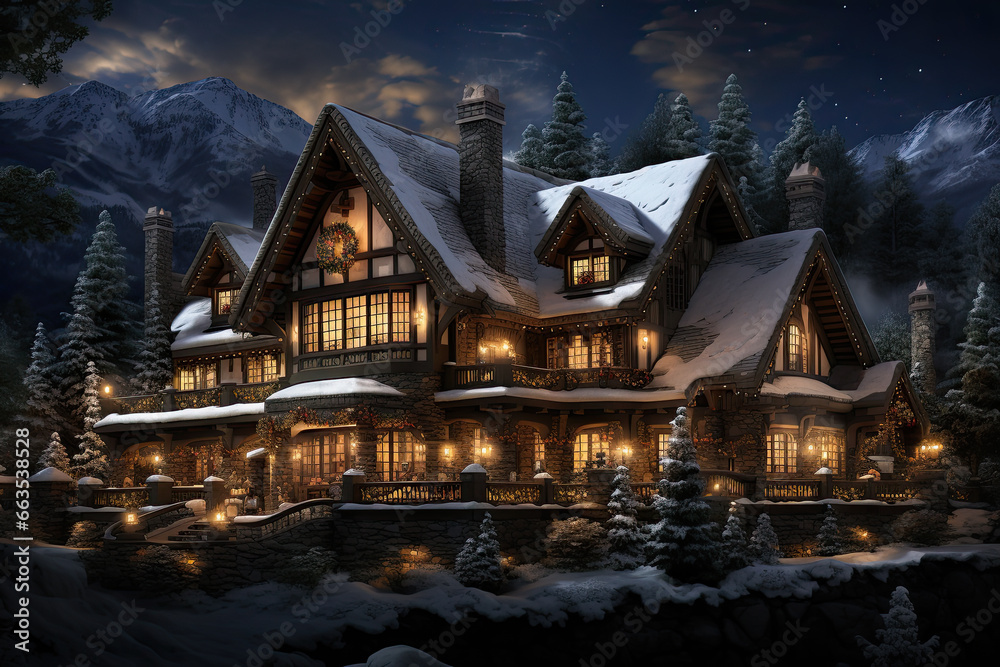Obraz premium Pompous mansion decorated outside with Christmas decorations and Christmas garlands in winter. Ski resort in the mountains.