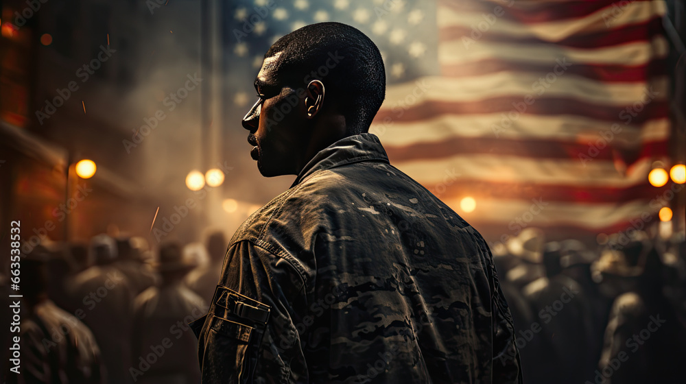 Side view portrait of tired veteran soldier with crowd standing in front of an American flag