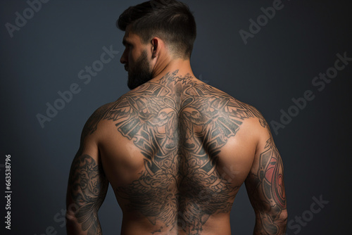 Close up photo of full body tattooed handsome man in creative design picture made with generative ai