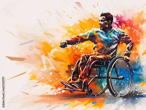 Silhouette of a happy disabled man in a wheelchair practicing sports. Colored illustration of a person in a wheelchair. Paralympic games paris 2024. Generative AI