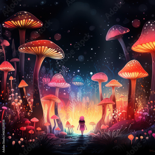 Cartoon Magic Mushrooms, Watercolor Painting, Generative AI © Vig