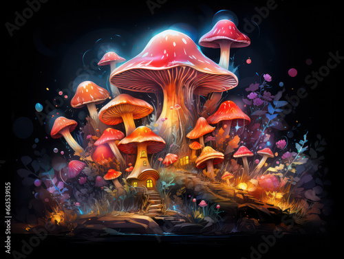 Cartoon Magic Mushrooms  Watercolor Painting  Generative AI