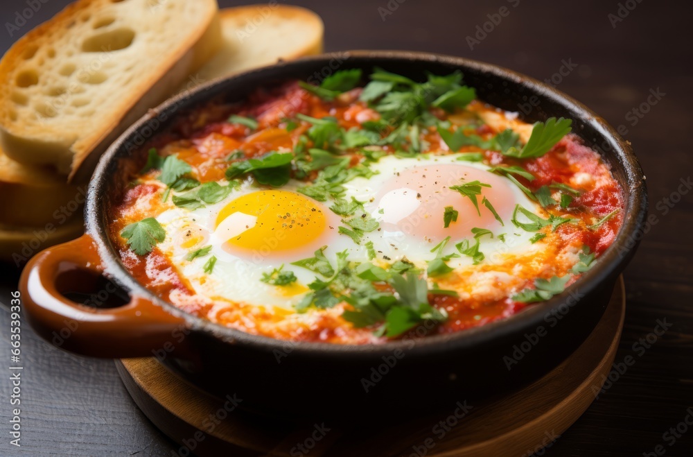 A close-up shot of a delicious shakshuka dish with eggs, tomatoes, and spices in a skillet. The vibrant colors and textures are mouthwatering.