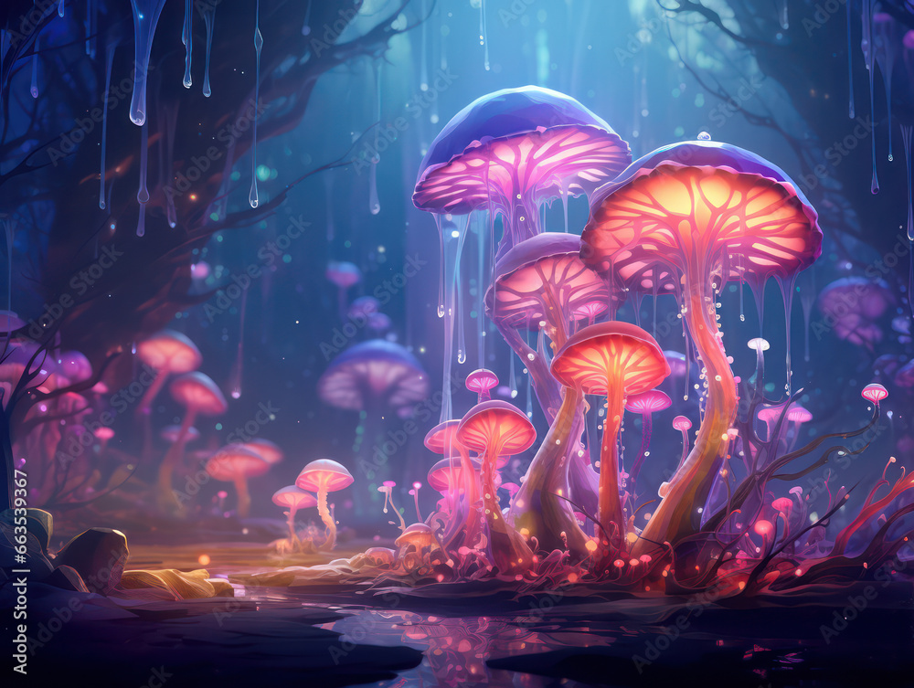 Obraz premium Cartoon Magic Mushrooms, Watercolor Painting, Generative AI