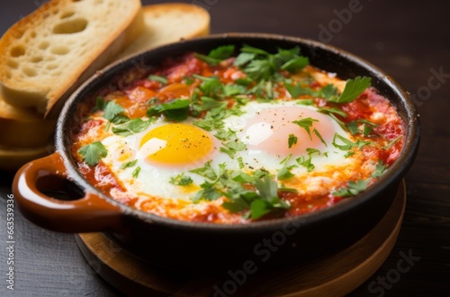 A close-up shot of a delicious shakshuka dish with eggs, tomatoes, and spices in a skillet. The vibrant colors and textures are mouthwatering.