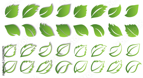 A set of green leaves on a white background with and without a shadow, for logos, designs, for the symbolism of the green planet