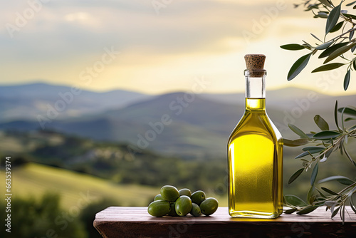 Olive oil bottle and olive fruits on a wooden table under olive tree - AI Generated