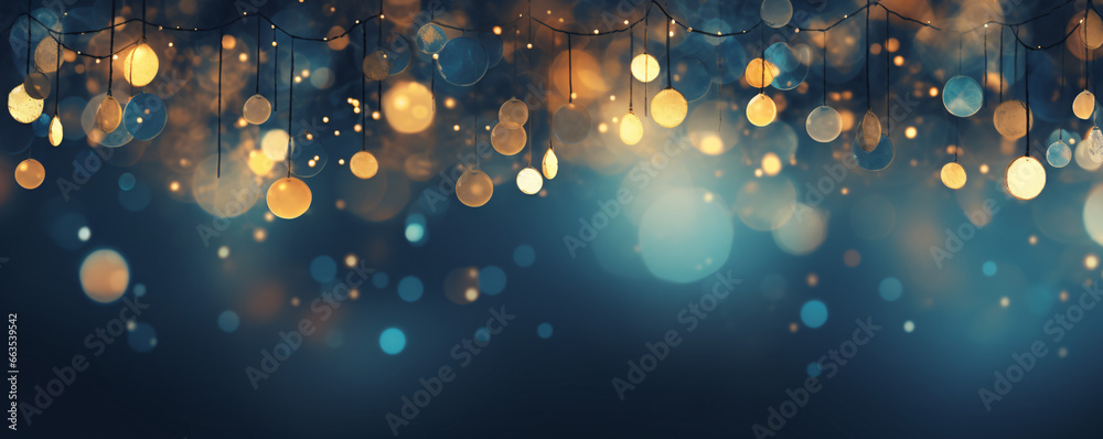 blue background with gold glitter bokeh effect, blue and gold, luxury, party, celebration, christmas, new year, birthday - obrazy, fototapety, plakaty 