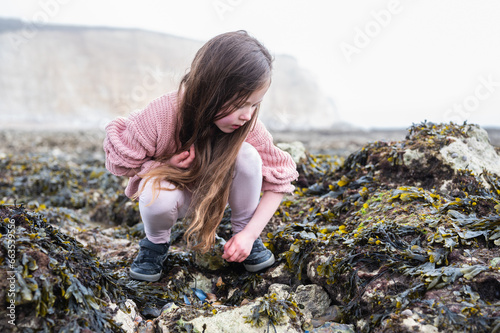 Wallpaper Mural Little girl rock pooling and collecting sea shells at Hope Gap Beach between Seaford and Eastbourne, East Sussex. Beach and sea in foggy morning Torontodigital.ca