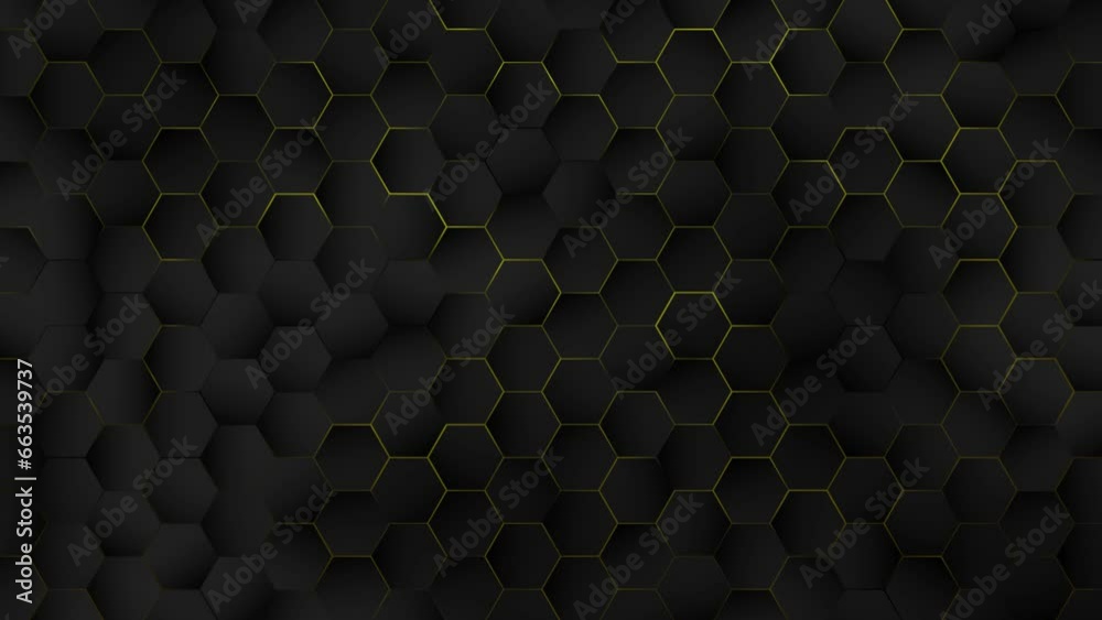 4k Abstract luxury black grey gradient backgrounds with golden lines. Geometric hexagonal graphic motion animation. Seamless looped dark backdrop. Simple elegant universal minimal BG