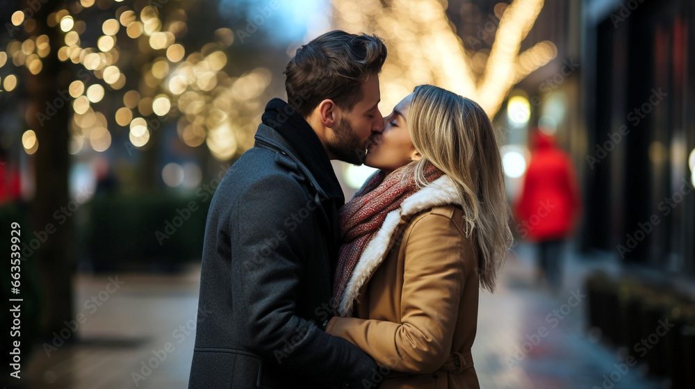 Couple kissing on a street illuminated by Christmas lights