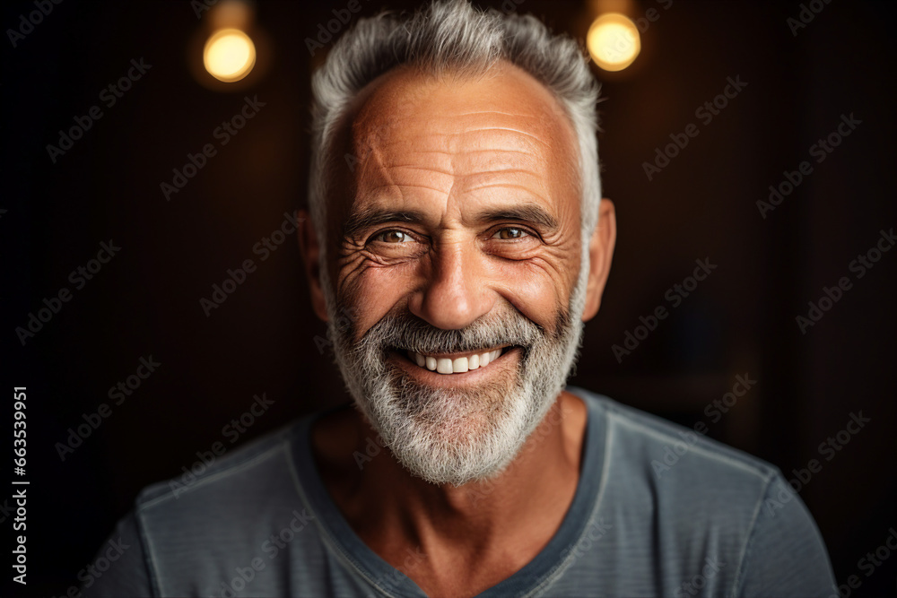 Generative AI photography of a cheerful elderly man with white toothy smile isolated on dark grey background