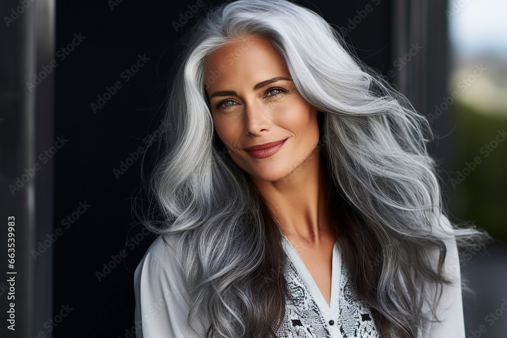 Generative AI photo of a attractive beautiful elderly woman with beautiful long curly hair isolated on blurred background Generative AI photo of a attractive beautiful elderly woman with beautiful long curly hair isolated on blurred background