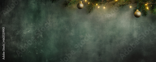 background green winter atmosphere, party with christmas tree branch, garland, and christmas baubles, poster, banner, template