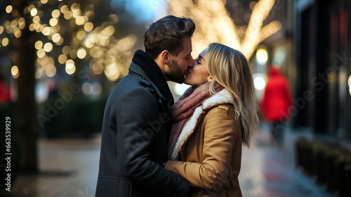 Couple kissing on a street illuminated by Christmas lights