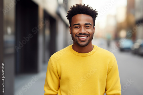 Portrait made with generative AI of a handsome cheerful stylish guy walking in the city