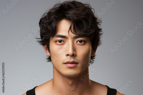 Photo generative AI image of a handsome male model with flawless smooth skin and healthy hair isolated on grey background
