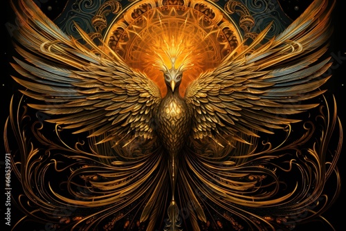 Gilded phoenixes, symbols of rebirth and resurrection, with feathers of gold and fire - Generative AI