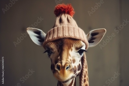 adorable young giraffe wearing cozy knitted winter accessories. Generative AI