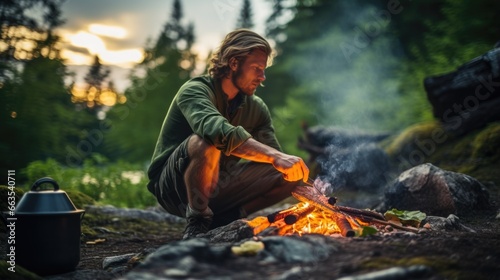 backpacker cooking a simple meal by a campfire in the wilderness generative ai