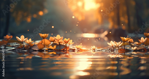 Fall season peaceful ambience, fallen leaves floating on water and autumnal sun through tree foliage - Autumn seasonal background