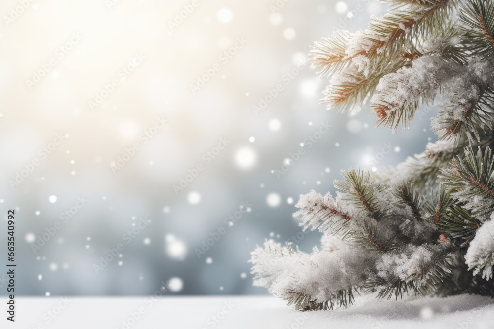 Beautiful winter background image of frosted spruce branches and small drifts of pure snow with bokeh Christmas lights and space for text, sharp details.